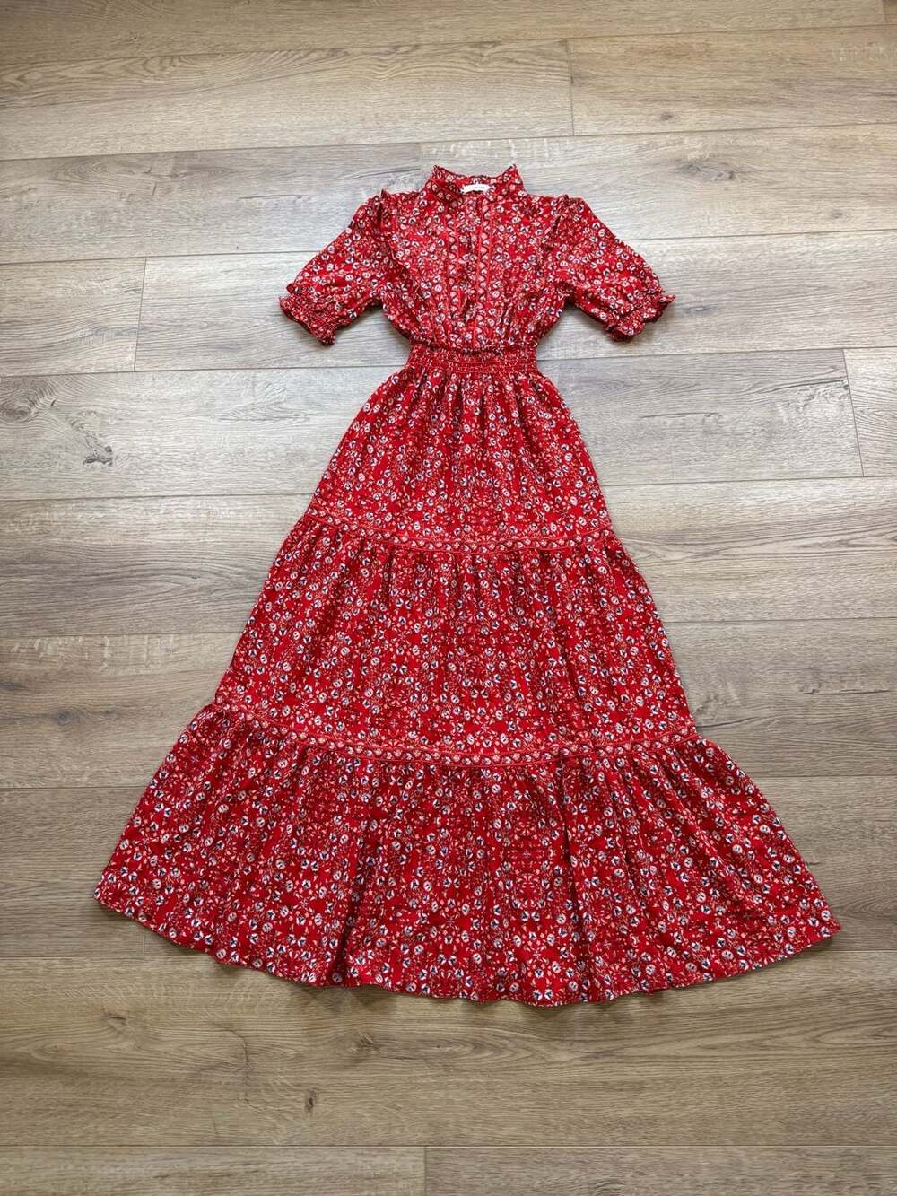 Max Studio Red Floral Tiered Maxi Dress Smocked Waist Boho Cottagecore S - Picture 2 of 14
